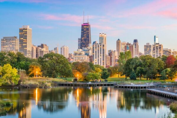 Chicago, Illinois, USA downtown skyline from Lincoln Park at twilight.