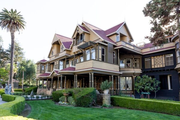 San Jose, California, USA - March 29, 2018: Exterior of Winchester Mystery House. The Winchester Mystery House was once the personal residence of Sarah Winchester.