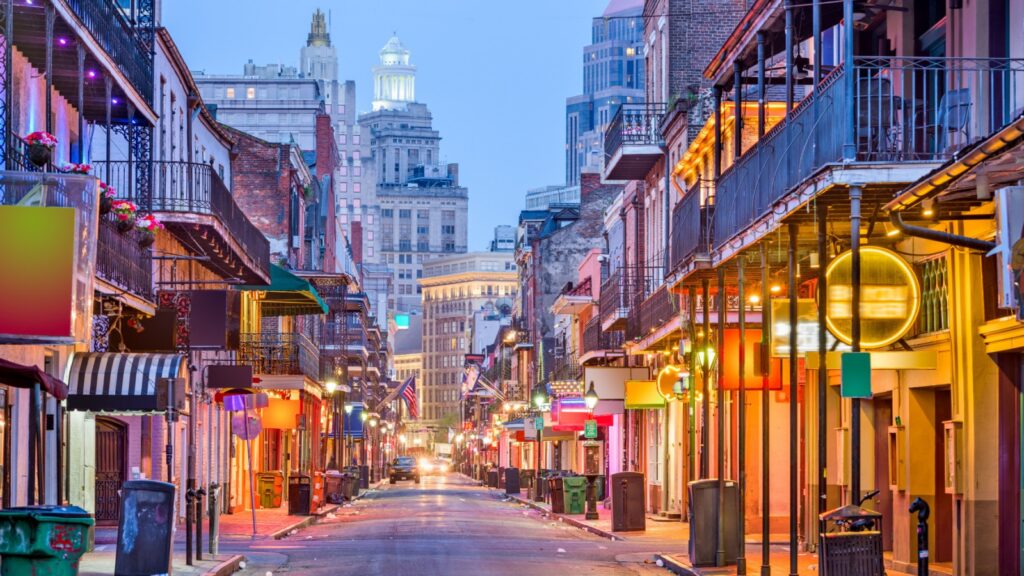 Bourbon St, New Orleans, Louisiana, USA cityscape of bars 