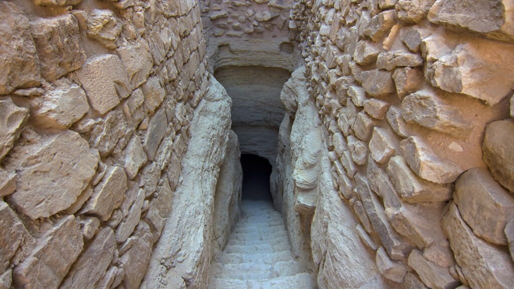Entrance to the Pyramid of Djoser (Step Pyramid). Stairs situated on the north side of this pyramid. It is an archaeological and historical site in Saqqara necropolis, south of Cairo, Egypt, Africa