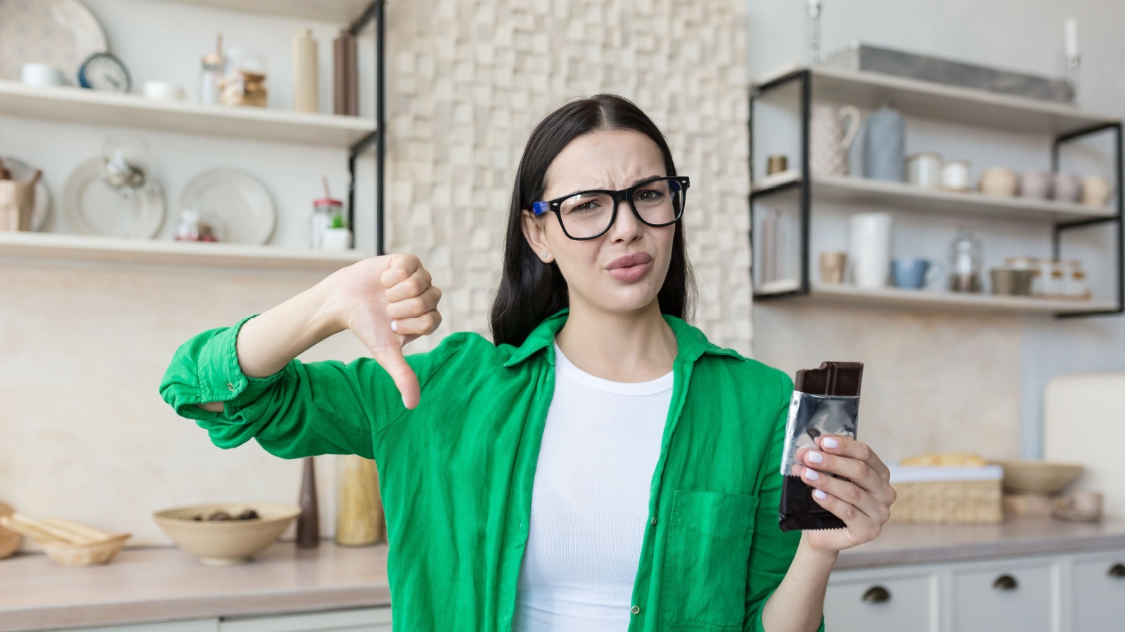 Woman at home disapproving of a bar of chocolate, looking at the camera and pointing a finger down, brunette at home in the kitchen in a green shirt and glasses