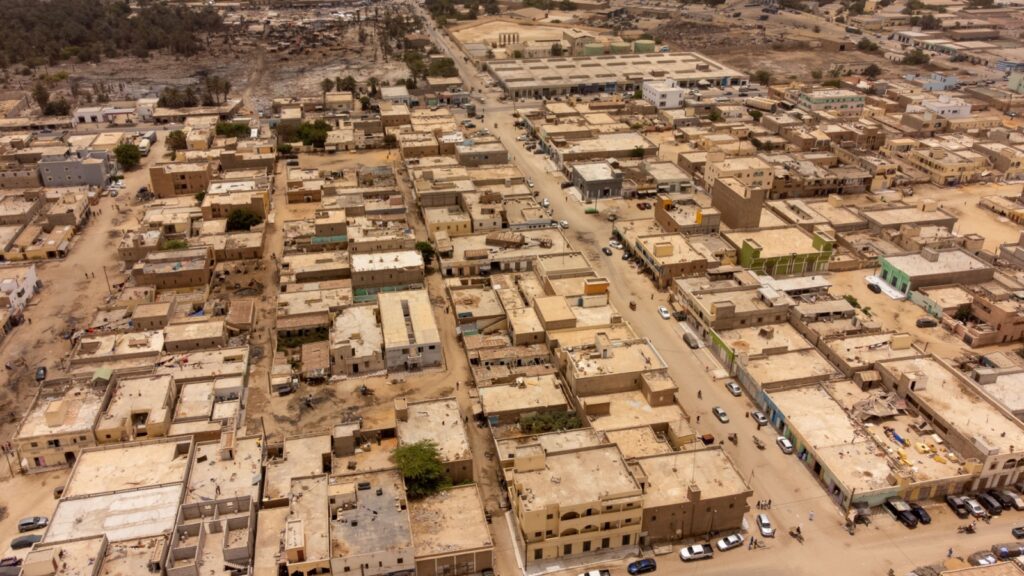 Aerial wide panorama of the west part of Nouakchott, Mauritania At the background appears the Mosque Marocaine