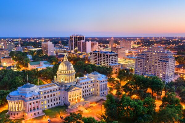 Jackson, Mississippi, USA skyline over the Capitol Building.