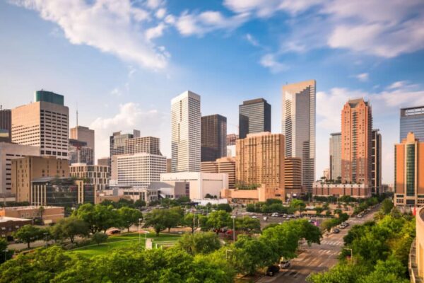 Houston, Texas, USA downtown city park and skyline.