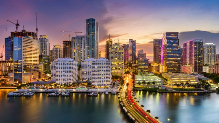 Miami, Florida, USA skyline on Biscayne Bay.