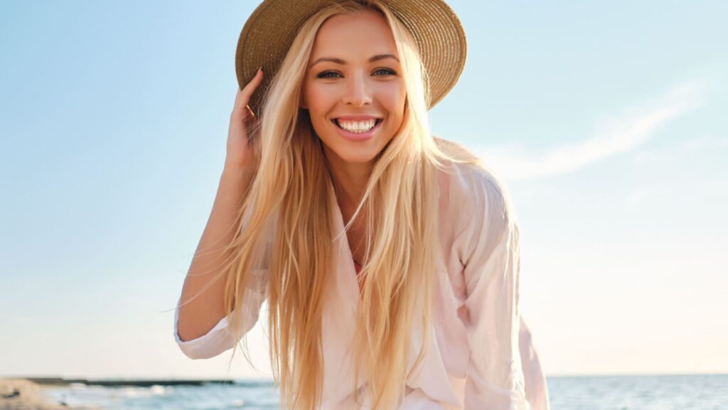 Young attractive smiling blond woman in white shirt and hat joyfully looking in camera with sea on background