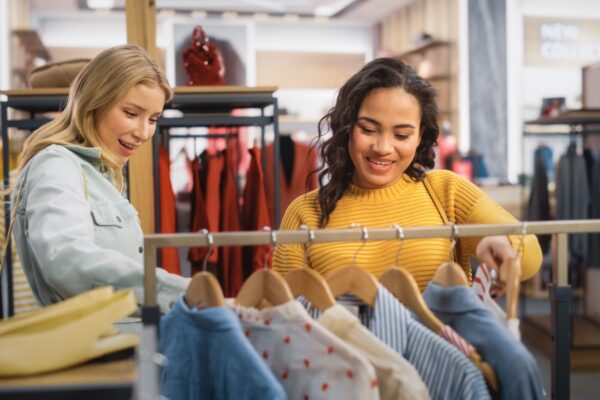 Two Beautiful Female Friends Shopping in Clothing Store, Choosing Stylish Clothes, Picking Dress, Blouse. Customers in Fashionable Shop, Colorful Brand, Sustainable Designs, New Seasonal Collection.
