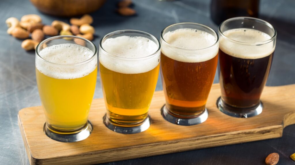 Boozy Refreshing Cold Beer Flight with Beer Nuts