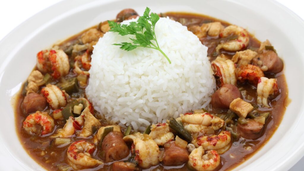 gumbo with crawfish, chicken & sausage, southern food in the united states