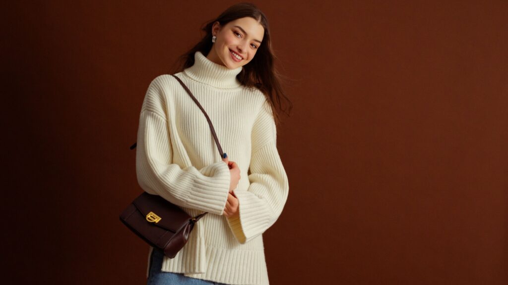 Fashionable happy smiling woman wearing oversized white knitted turtleneck sweater, carrying trendy shoulder bag, posing on brown background. Studio fashion portrait. Copy, empty blank space for text