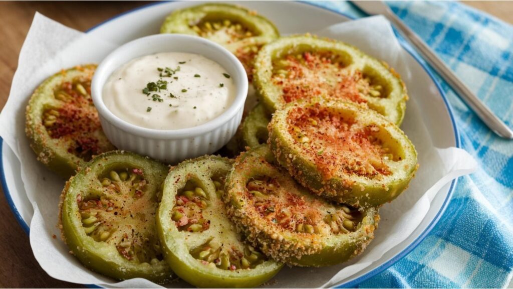 Fried Green Tomatoes: Crispy, tangy green tomatoes, fried to golden perfection, served with a dipping sauce, a Southern favorite.