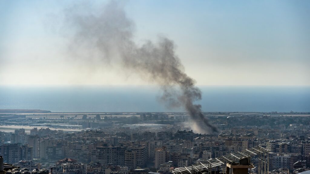 Smoke from Israeli airstrike on Beirut Southern Suburbs, Lebanon amid Hezbollah-Israel conflict in October 2024