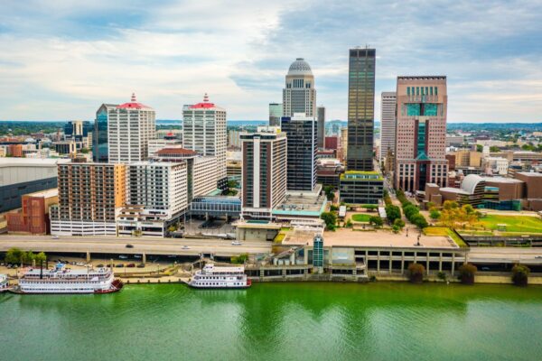 Aerial view of downtown Louisville, Kentucky from the Ohio River