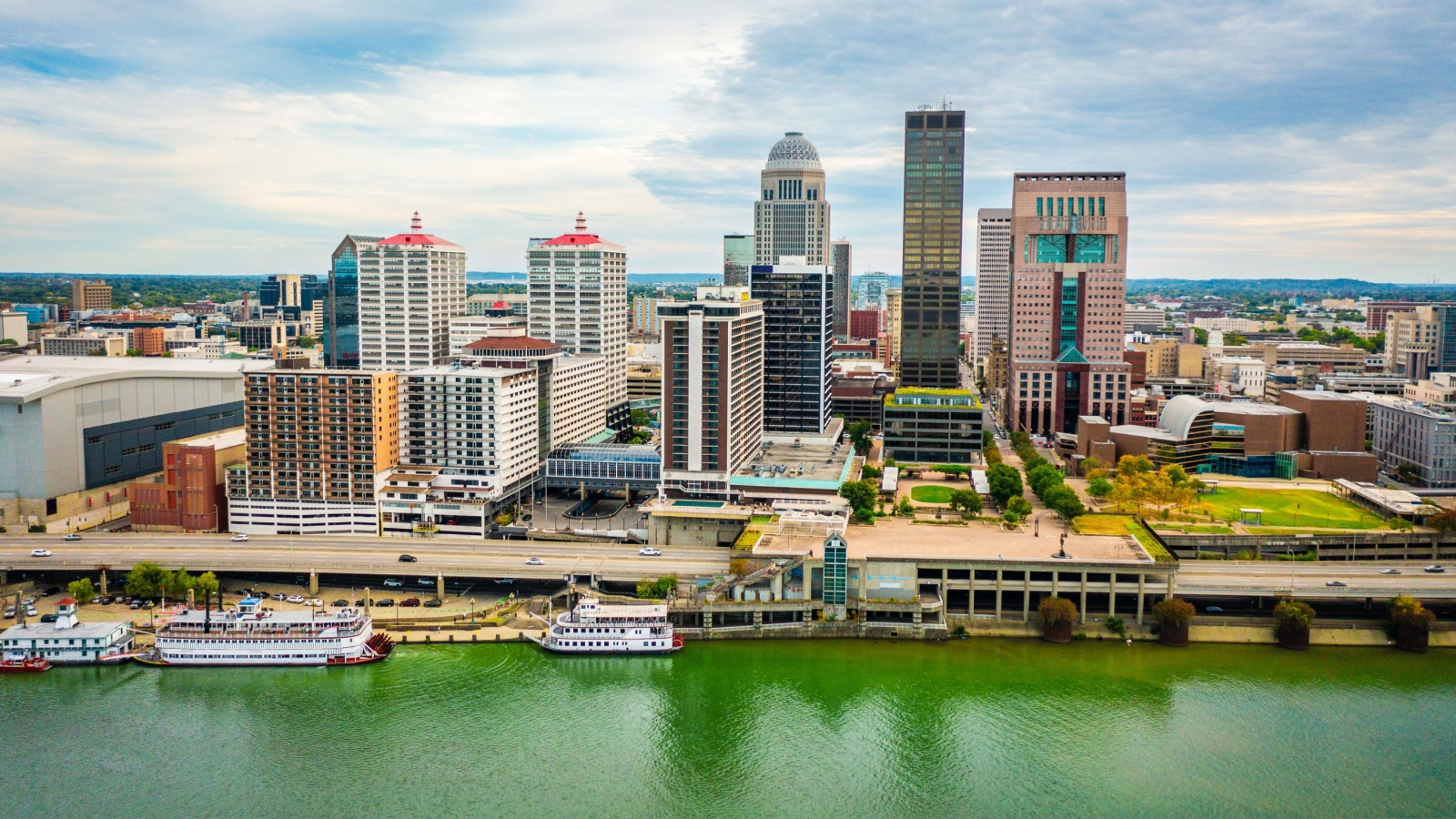 Aerial view of downtown Louisville, Kentucky from the Ohio River