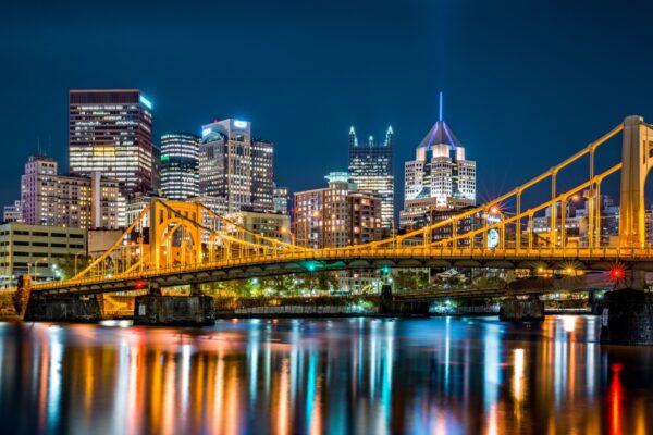 Rachel Carson Bridge (aka Ninth Street Bridge) spans Allegheny river in Pittsburgh, Pennsylvania