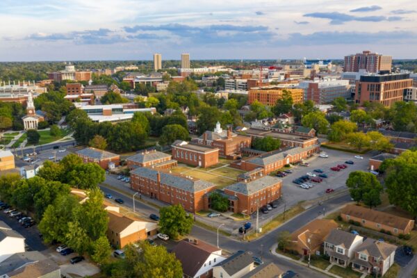 Aerial view university campus area looking into the city suberbs in Lexington KY