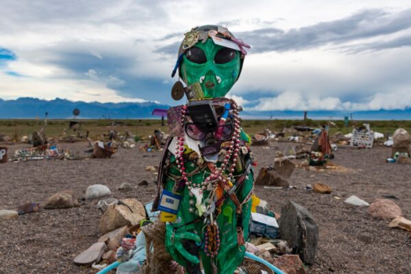 Hooper, Colorado - July 14, 2014: An alien statue at the UFO watchtower near town of Hooper, in the state of Colorado, USA.