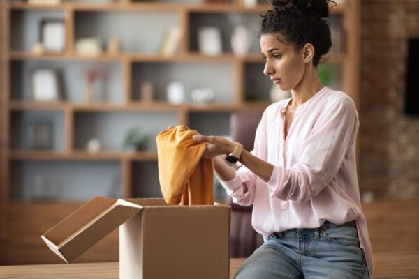 Sad dissatisfied young female in casual looks at clothes, unpacks parcel in living room home interior. Problems with online shopping, error delivery, bad quality of purchase from webstore, copy space