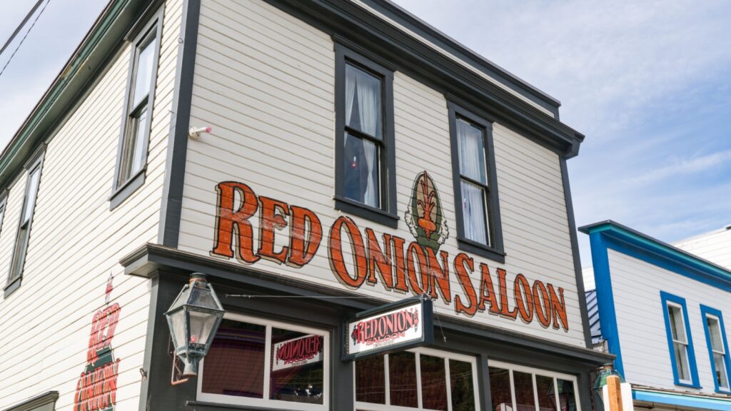 Skagway, AK - September 7, 2022: Exterior of the famous Red Onion Saloon in Skagway, Alaska.