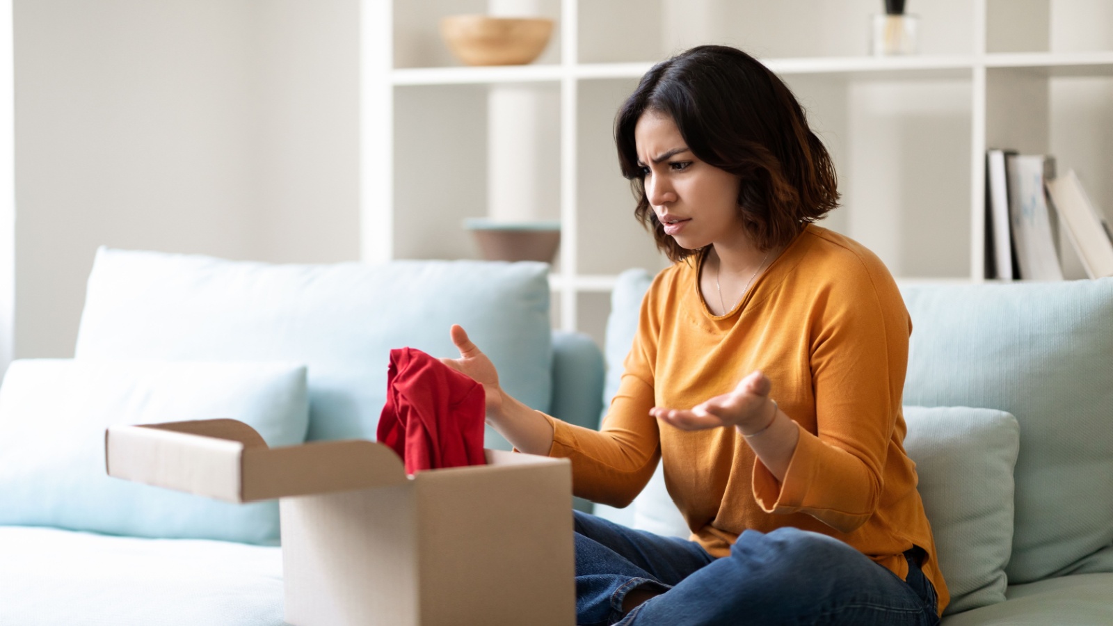 Wrong Parcel. Confused arab woman looking at open cardboard box at home and frowning, shocked middle eastern female disappointed about shipping mistake, feeling angry because of bad delivery service