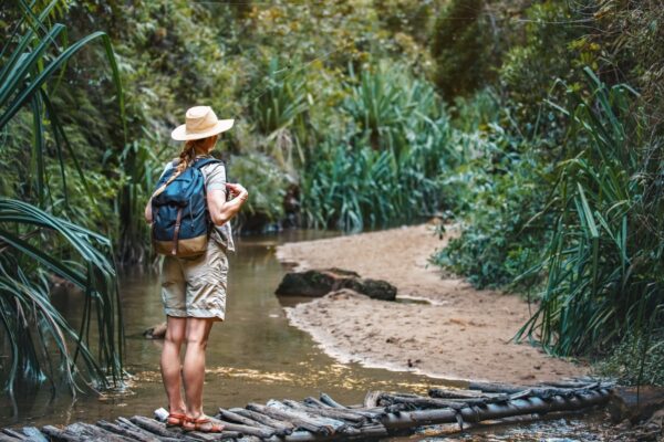 Young woman in beige shirt, shorts and straw haw, backpack on shoulders, hiking rainforest jungle, walking over low wooden bridge at small creek near - view from behind