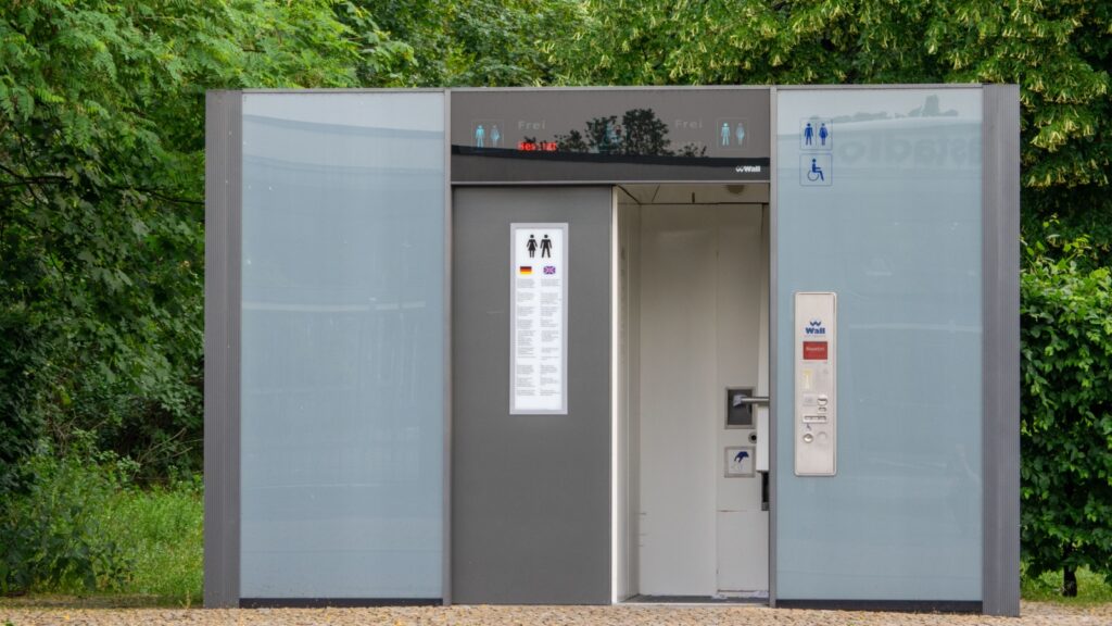 Berlin, Germany - June 12th 2019 - Public toilets near Olympiastadion Berlin