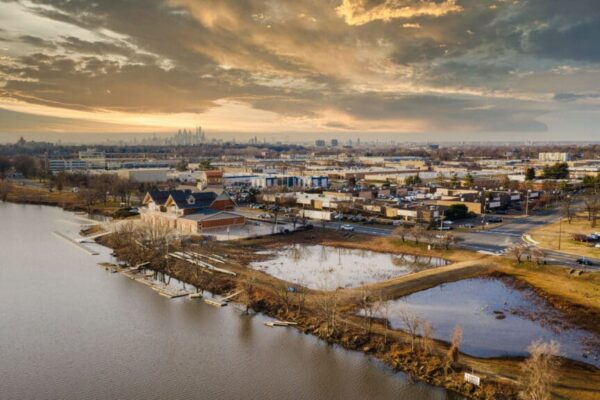 Aerial of Camden New Jersey Sunset