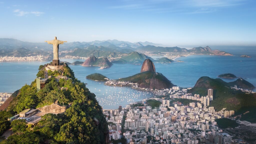 Aerial view of Rio with Corcovado Mountain, Sugarloaf Mountain and Guanabara Bay - Rio de Janeiro, Brazil