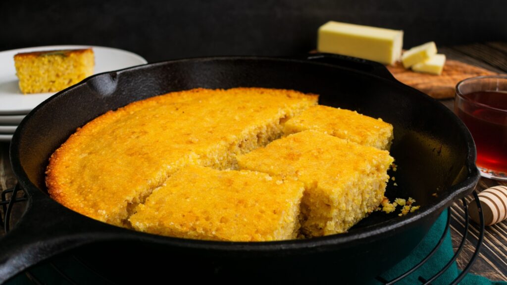 Buttermilk Cornbread Baked Cut Into Pieces in a Cast-Iron Skillet: Freshly made Southern cornbread in a frying pan with butter and honey on the side