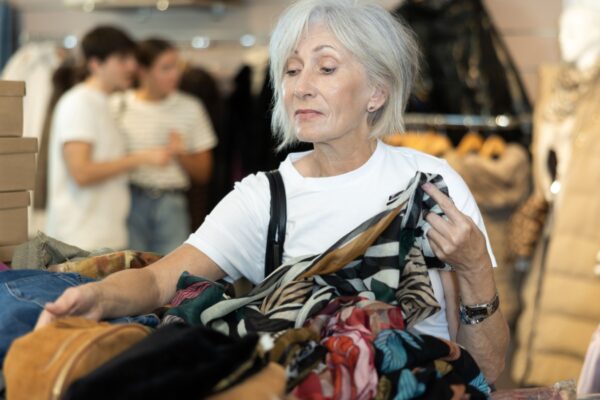 In thrift store, she carefully selects secondhand garment that speaks to her style.