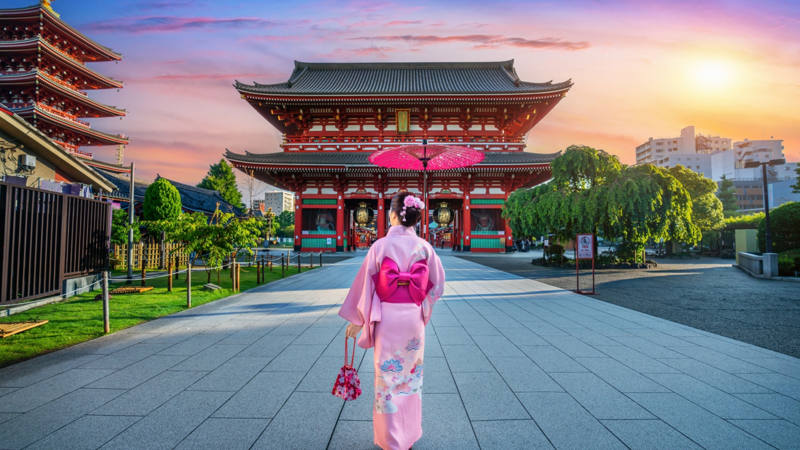 Asian woman wearing japanese traditional kimono at Temple in Tokyo, Japan.