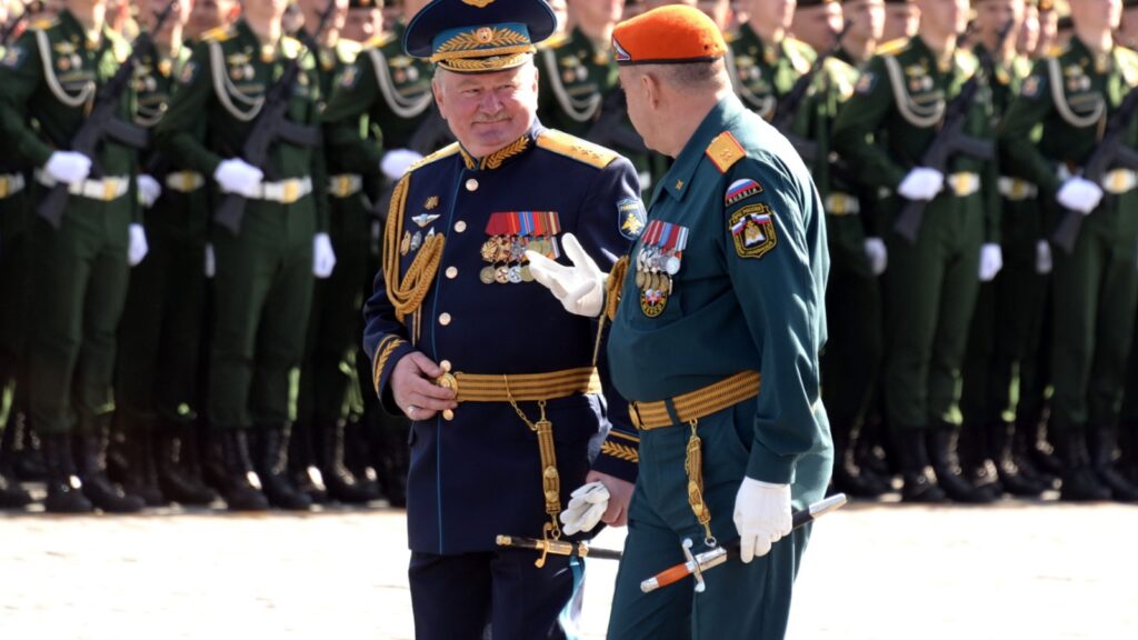 MOSCOW, RUSSIA-MAY 7, 2021:The head of the Academy, Colonel-General Gennady Zibrov and Lieutenant-General Viktor Panchenkov at the dress rehearsal of the Victory Parade on Moscow's Red Square