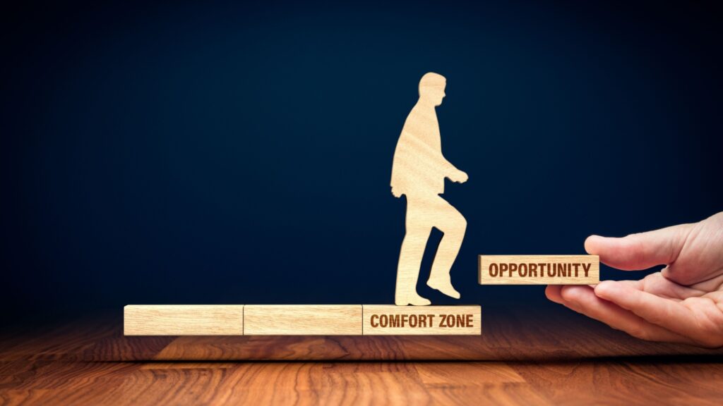 Coach motivate to leave comfort zone and take an opportunity for personal growth. Leaving comfort zone and enter growth zone motivational concept.