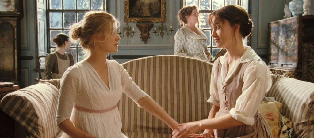 Brenda Blethyn, Keira Knightley, Rosamund Pike, and Talulah Riley in Pride & Prejudice (2005)