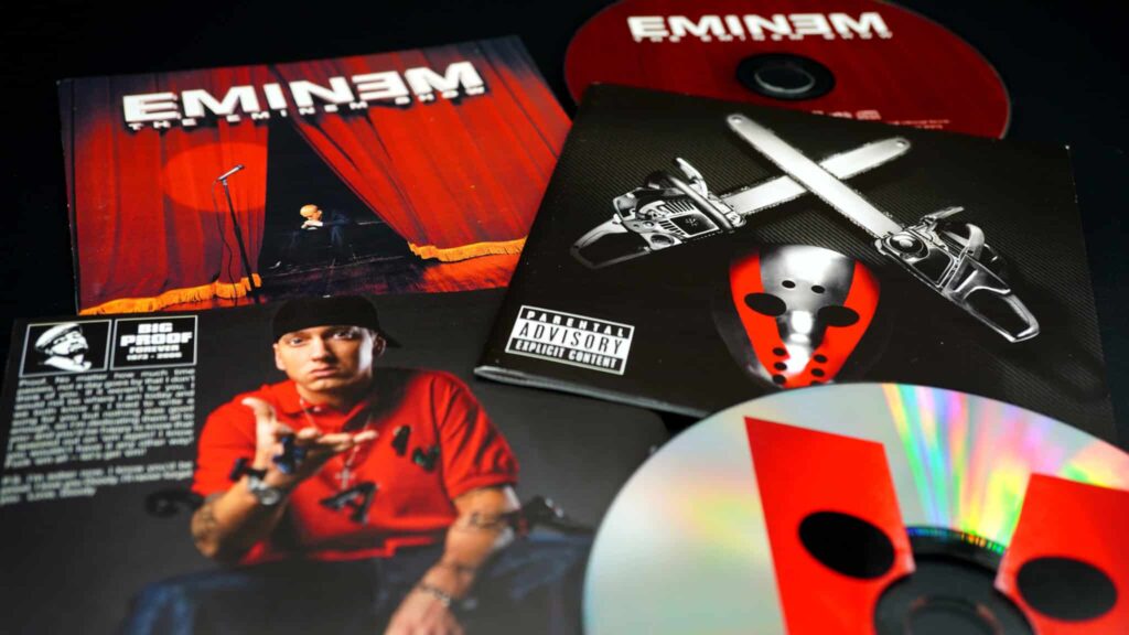 Rome, February 10, 2020: Covers of CDs by American rapper, songwriter, record producer, and actor, EMINEM. Eminem Show was the best-selling and most rewarded of all 2002 with 7.9 million copies sold