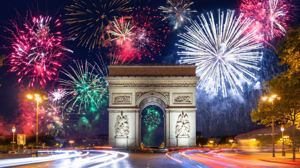 New Year fireworks display over the Arc de Triomphe in Paris. France