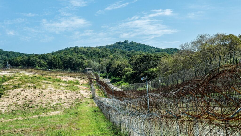 barbed wire fence in Demilitarized Zone (DMZ), joint security area (JSA), South Korea.