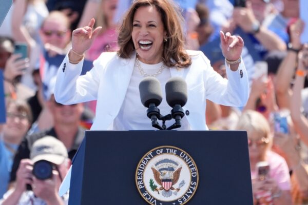 07. 08.2024 Democratic presidential nominee Vice President Kamala Harris, delivers remarks at a campaign event, in Eau Claire, Wisc.