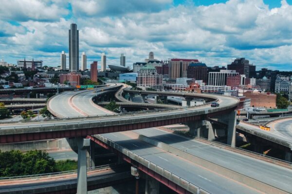 Aerial view of highway into downtown Albany New York Skyline