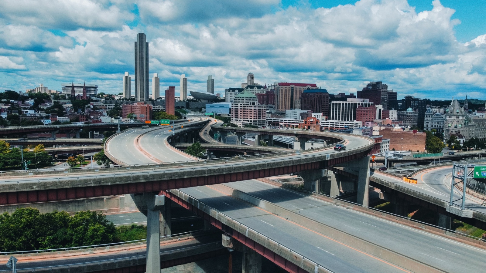 Aerial view of highway into downtown Albany New York Skyline