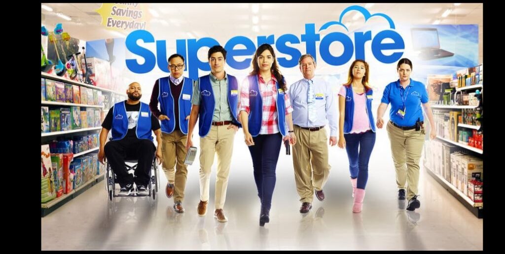 Mark McKinney, America Ferrera, Ben Feldman, Colton Dunn, Lauren Ash, Nichole Sakura, and Nico Santos in Superstore (2015)