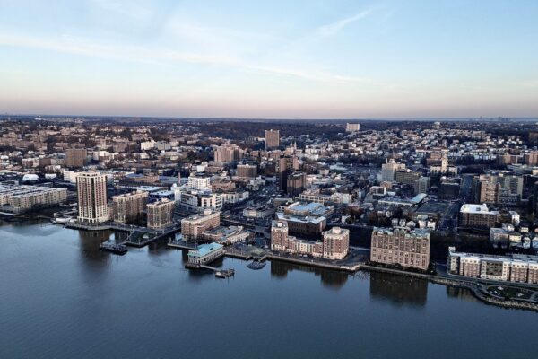 A panoramic view of Yonkers in New York across the Hudson River."