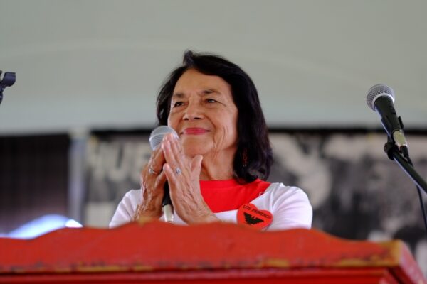 DELANO, CA - SEPTEMBER 26, 2015: Dolores Huerta, an icon of the farm labor movement, addresses United Farm Workers members and supporters celebrating the 50th anniversary of the Delano Grape Strike.