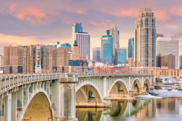 Minneapolis downtown skyline in Minnesota, USA at sunset