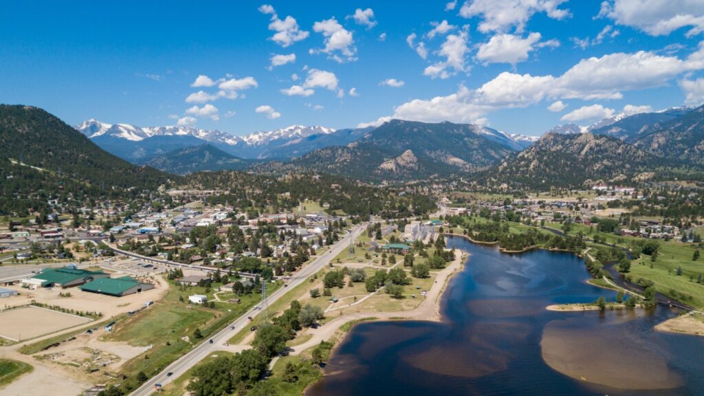 Beautiful aerial drone picture of Estes Park, Colorado Rocky Mountain Range.