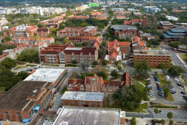 Gainesville, Florida, USA - January 28th 2023: Aerial view of Gainesville and the University of Florida.