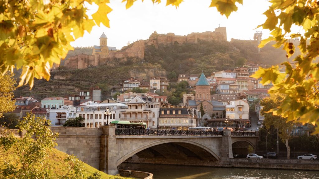 View of Metekhi Bridge and Narikala fortress, Autumn Tbilisi, Georgia