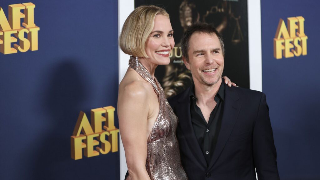 LOS ANGELES, CA - OCT 27, 2024: Leslie Bibb, Sam Rockwell at the 2024 AFI Fest premiere of Juror #2 at TCL Chinese Theatre IMAX