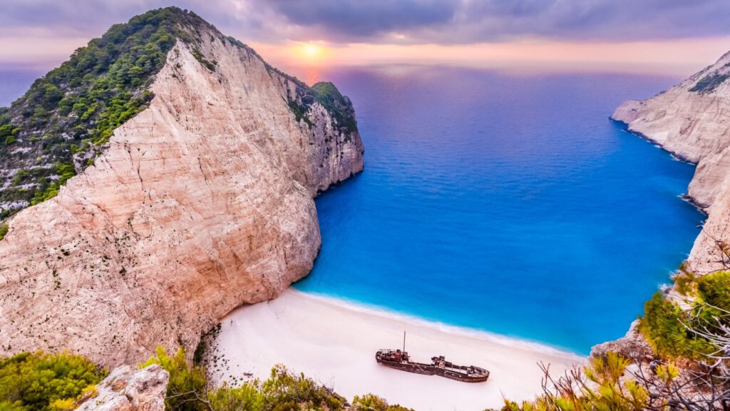 Navagio beach at sunset, Zakynthos island, Greece