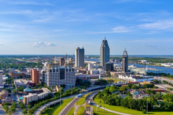 Downtown Mobile, Alabama waterfront skyline